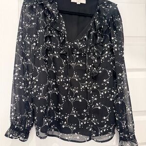 LOFT Sheer Black and White Floral Blouse